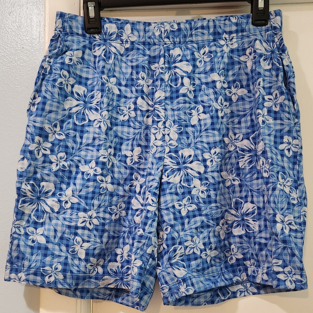 Women's Lands' End Blue And White Plaid Floral Shorts, Size M